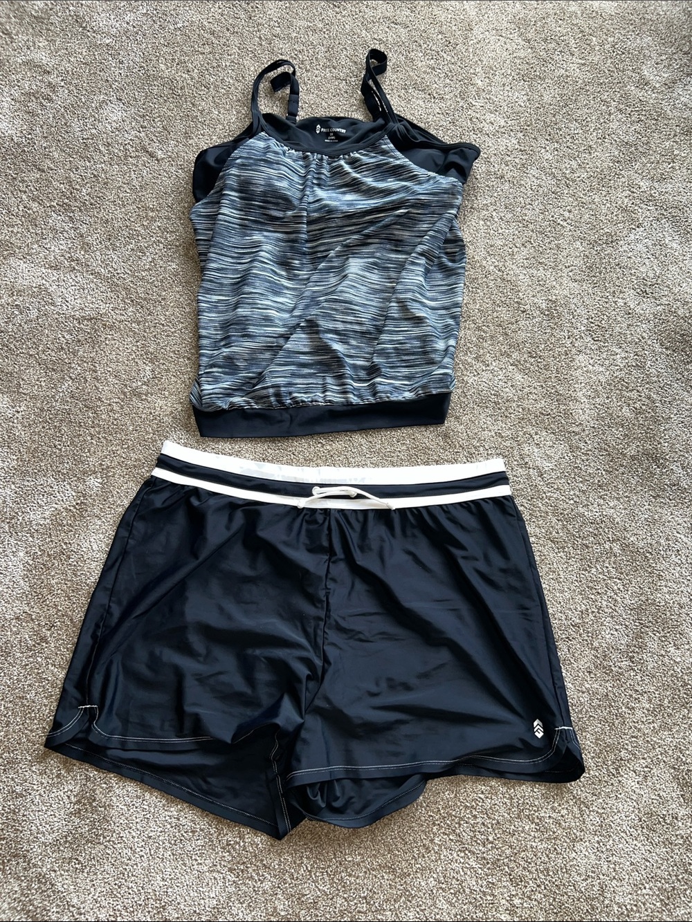Free Country Woman’s Black & White Layered Tankini Top with Black Swim Shorts